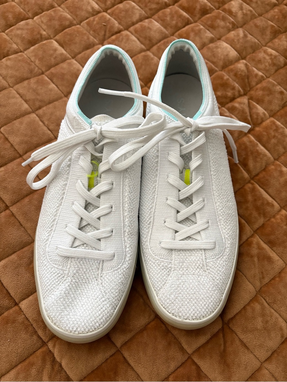 Rothy's White Knit Lace-Up Sneakers with Mint Trim